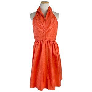 SIMONE CARVALLI Dress Size 8 Halter Orange Tucked Bodice Fit N Flare Shiny Fancy